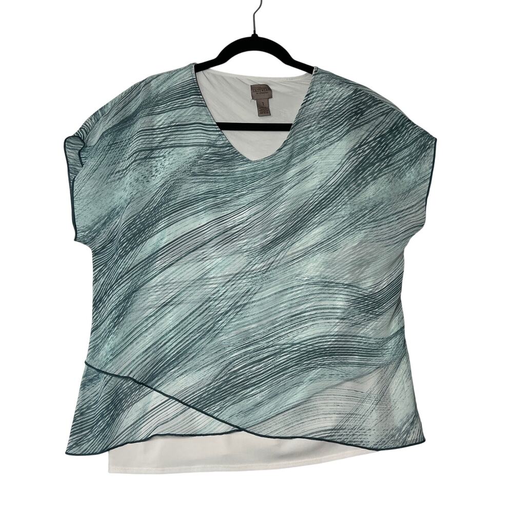 EASYWEAR BY CHICOS Womens Medium Green Abstract Layered Asymmetrical Hem Top